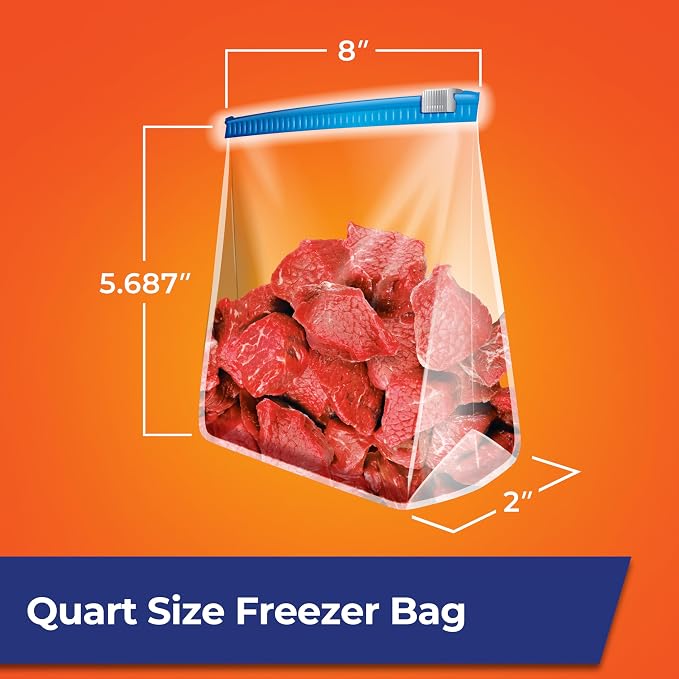 Hefty Slider Quart Freezer Bags, 74 Count, Quart Slider Bags for Freezer, Holds Individual Leftovers, Sliced Fruits and Veggies, and More, Writable Label, Secure Zip and Click Closure