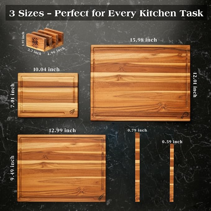 Teak Wood Cutting Board Set of 3 w/Stand, Deep Juice Groove, Solid Hardwood Non-Toxic & Knife Friendly Boards, Small Medium Large Sizes for Kitchen Meat, Veggies & Cheese by New M Way
