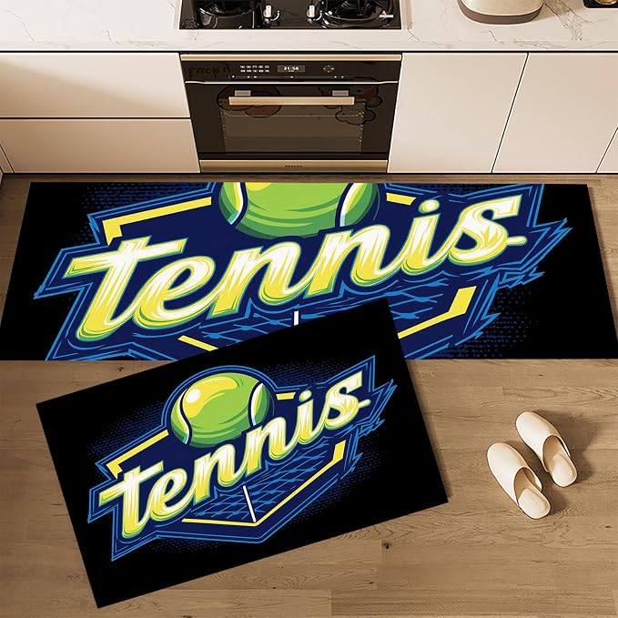 Tennis Net Tennis Ball Kitchen Rugs Non Slip Blue Kitchen Mats Machine Washable Rugs 2 Pieces Minimalist Sports Design Runner Carpet, 20"x32"+20"x71"
