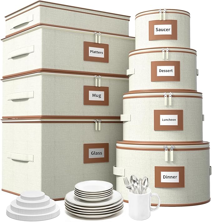 Aokeyee 8-Piece China Storage Containers Set, Hard Shell Moving Boxes for Dishes, Plates, Mugs, Wine Glass & Flatware – Dinnerware Organizer with Soft Felt Dividers, Sturdy Handles & Zippers, Ivory