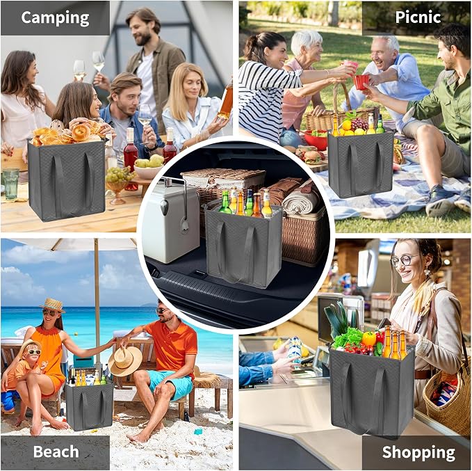 18L Insulated Grocery Bags, Zippered Top 3PCS Reinforced Handles | 12×7×13", reusable thermal lining, keeps food warm & cold, suitable for travel, picnic, camping, beach, shopping