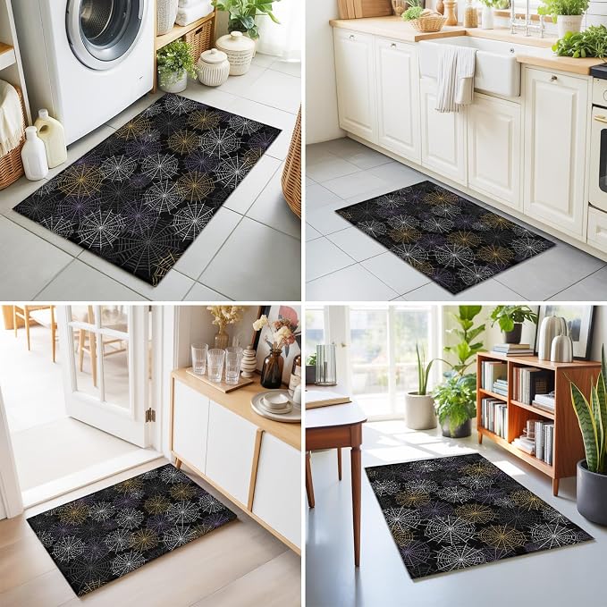 Entryway Area Rug 2'x3', Black Halloween Washable Small Area Rugs for Kitchen Bathroom Bedroom Office Laundry, Purple White Yellow Net Classic Black Door Mat Indoor Entrance Floor Throw Carpet