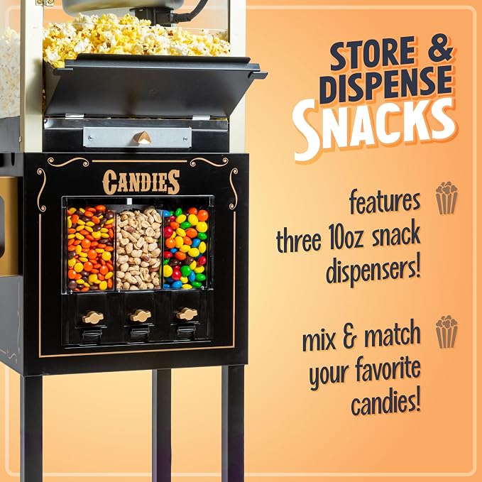 Nostalgia Popcorn Maker Machine and Dispensing Candy Cart - Vintage Popcorn Maker with 8 oz Stainless Steel Kettle - Bring Home the Fun with Theater Style Popcorn Machine - Black