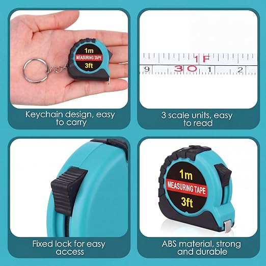 Kanayu 50 Pcs Mini Tape Measure Keychains 3 ft Small Retractable Measuring Tape Bulk with Lock Steel Easy Read Pocket for Birthday Party Favors Daily Use (Aqua Blue)