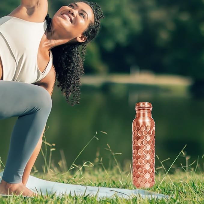 100% Pure Copper Water Bottle for Drinking, 32 Oz Large Diamond Ayurvedic Copper Bottle with Cleaning Brush, Leak-Proof Water Vessel_Diamond with Glass