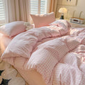 mixinni Light Pink Gingham Duvet Cover Set Full Size - 100% Washed Cotton 3 Piece Plaid Checkered Bedding Set, Soft Comfy Grid Farmhouse Comforter Cover with Zipper Closure & Corner Ties