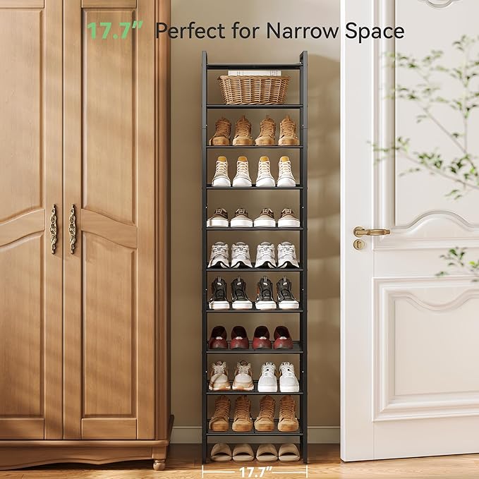 Nunsino Narrow Shoe Rack, 10-Tier Metal Shoe Organizer,Tall Shoe Shelf with Anti-Tip Strap, Max Holds 22 Pairs,Space Saving for Closet,Entryway,Black