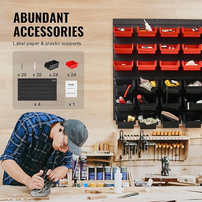 VEVOR 48-Bin Wall Mounted Storage Bins Parts Rack Organizer Garage Shop Tool Organizer for Screws, Nuts, Bolts, Nails, Beads, and Small Hardware Parts, With Wall Panels