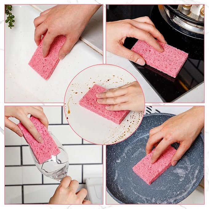 Zhengmy 48 Pieces Sponges Bulk Sponges Kitchen Compressed Sponge Natural Dish Sponge Compressed Wood Pulp Cleaning Without Scratching for Kitchen Bathroom, 3.9 x 2.4 x 0.12 Inch (Pink)