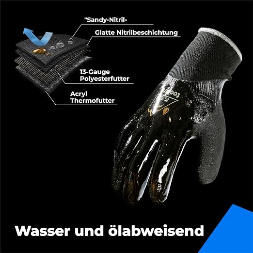 toolant Waterproof Winter Work Gloves, Double Nitrile Oil Resistant Grip | Thermal Insulation, Waterproof Protection in Freezer Work, Construction, Mechanics, Mining, Plumbing, 3 Pairs, Black, X-Large