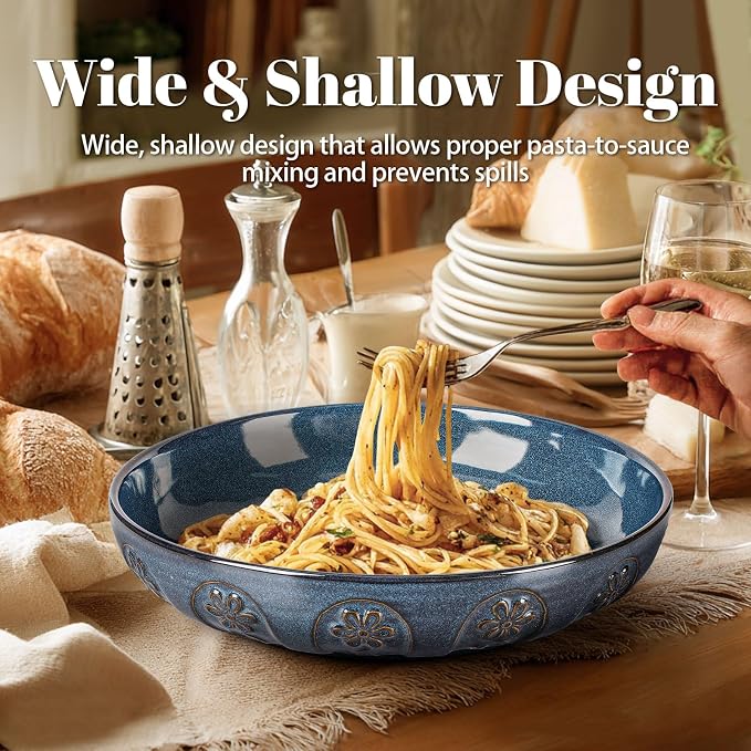 Artena Pasta Bowls, 50oz Large Salad Serving Bowls, 9.75'' Plates Bowls Set of 4, Big Ceramic Soup Bowls for Kitchen, Embossment Shallow Dinner Bowl, Microwave Dishwasher Safe, Pinwheel Flower, Blue
