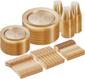 Goodluck 300 Piece Gold Glitter Disposable Plates for 50 Guests, Plastic Plates for Party, Wedding, Dinnerware Set of 50 Dinner Plates, 50 Salad Plates, 50 Spoons, 50 Forks, 50 Knives, 50 Cups