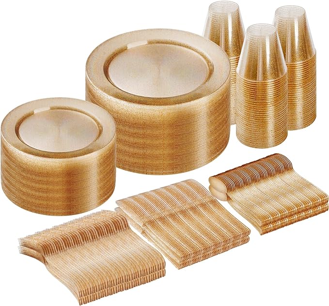 Goodluck 300 Piece Gold Glitter Disposable Plates for 50 Guests, Plastic Plates for Party, Wedding, Dinnerware Set of 50 Dinner Plates, 50 Salad Plates, 50 Spoons, 50 Forks, 50 Knives, 50 Cups