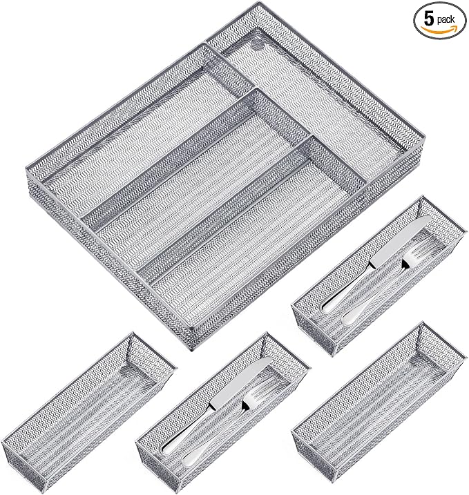 Neudeco Drawer Organizer Set, Silver, 5 Pack | 4-Compartment Silverware Tray, 4 Utensil Trays, Silver Mesh, Non-Slip, For Flatware, Cutlery, Office Supplies