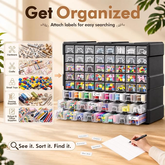 64-Drawer Organizer for Garage Building Bricks Storage,𝐓𝐡𝐢𝐜𝐤𝐞𝐫 Drawer Storage Cabinet with Dividers and Labels for Hardware,Screws,Nuts Bolts, Garage Tools,Charms,Beads,Craft,Scrapbook