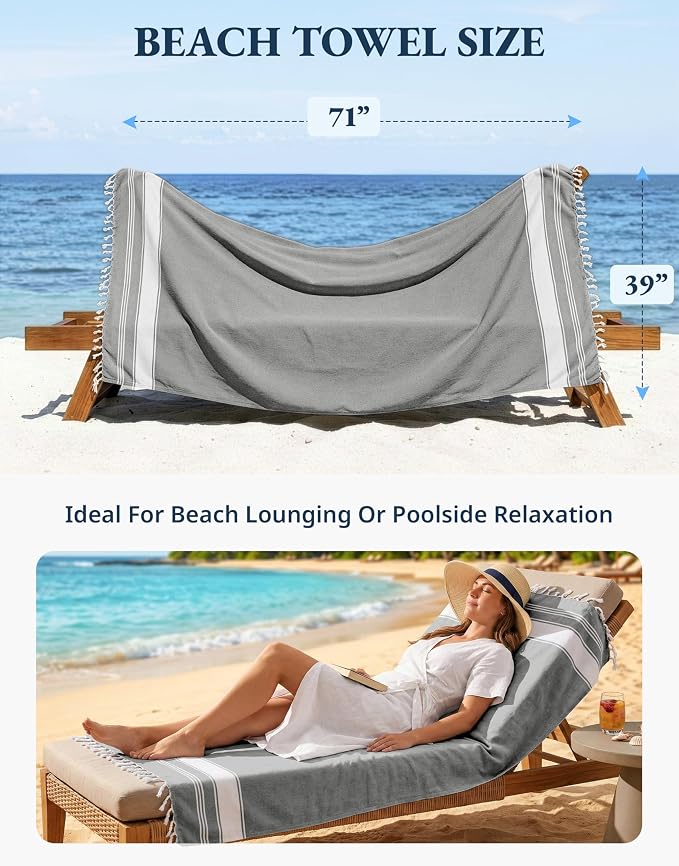 LANE LINEN Towels for Women, 2 Pack Oversized, Pre-Washed, XL - Smoky Black | No-Shrink, Sand Free - Quick Dry, Lightweight Travel Towels - Soft Bath Use, 39"x71" - Vacation Essential, Machine Washable