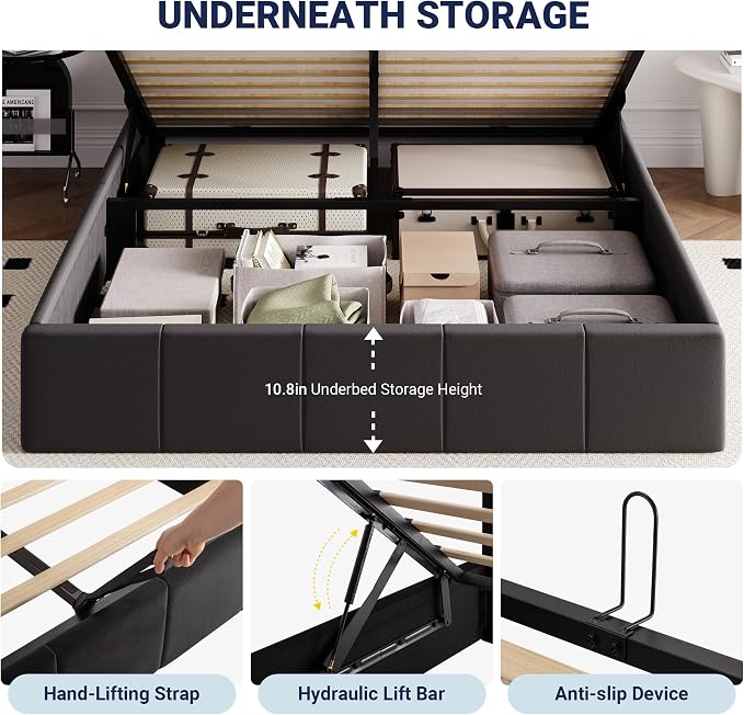 Allewie Queen Size Velvet Lift Up Hydrualic Storage Bed Frame, Black | Vertical Channel Tufted Headboard, Hydrualic Underneath Storage, Upholstered Platform Bed, No Box Spring Needed