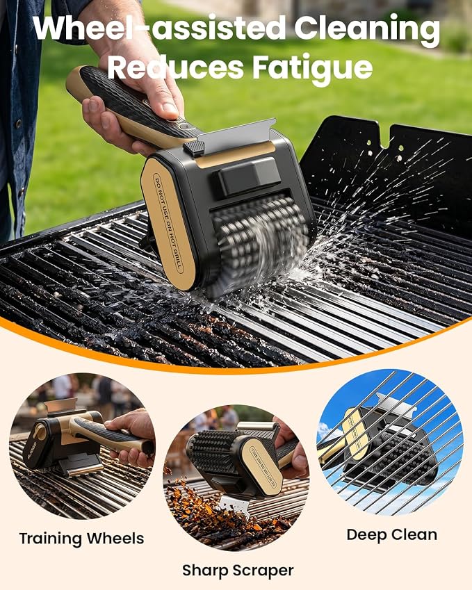 Electric Grill Brush for Outdoor Grill, Cordless BBQ Cleaner with LED Light, Scraper, Dishwasher‑Safe Bristles, 4000 mAh Battery, Rechargeable Power Grill Scrubber (Gold)
