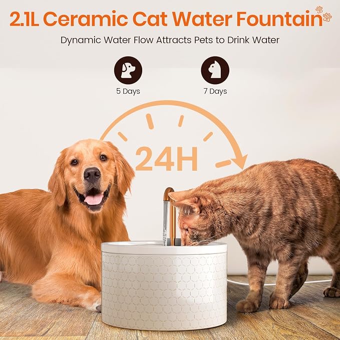 MISFANS Ceramic Cat Water Fountain, 2.1L/71oz, Honeycomb-Embossed Design | All-Ceramic Bowl and Lid, Pure Copper Spout, Under 20dB Pump, Dual Filtration, 2 Flow Modes, 3 Filters and Sponge