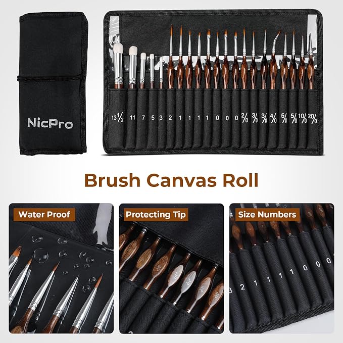 Nicpro Miniature Paint Brushes Dry Brush - 21PCS Model Paint Brush Set with Cloth Roll for Acrylic Oil Watercolor, Detail Paint Brush Drybrush for Model, Miniature Painting, Paint by Numbers, Craft