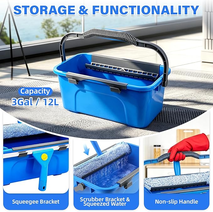 Window Cleaning Kit with 3 Gal Bucket - 14'' Window Squeegee&15'' Scrubber&76'' Long Handle Window Cleaner Tool, Professional Windows Washing Equipment for Home, Commercial Use, Outdoor, Car