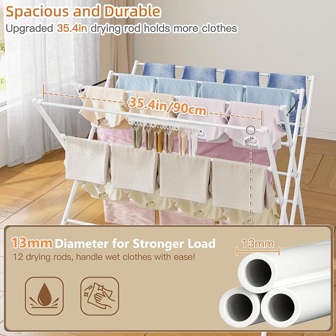 Drying Rack Clothing,35.43in Long Drying Poles Large Clothes Drying Rack | Foldable Portable Laundry Drying Rack with Sock Clips for Air Drying Clothing,Towels,Delicate Eac,Indoor Outdoor Use.White