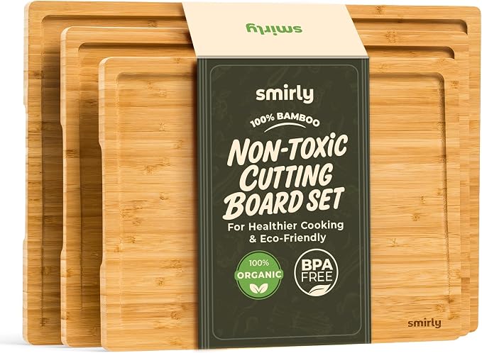 SMIRLY Bamboo Cutting Board - 3 Pack Wood Cutting Boards for Kitchen | Non Toxic Wooden Cutting Board with Juice Grooves and Handles, Multiple Sizes Chopping Board for Meal Prep & Charcuterie