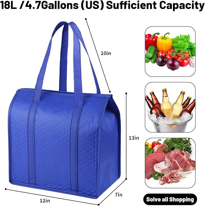10 Pack 18L Thermal Cooler Bags, Zipper Top Grocery Carry Totes | reusable insulated storage bag, reliable hot cold hold, for food delivery, travel, camping, beach, picnic,supermarket trips