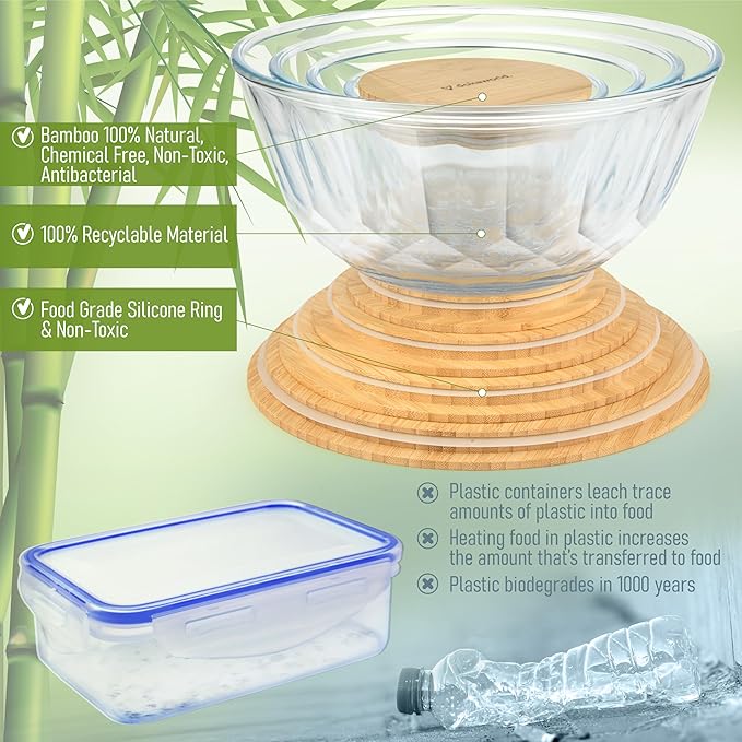Large Stackable Set of 5 Nesting Glass Bowls with Bamboo Lids for Foodprep, Storage, Baking, Sourdough Mixing & Cooking. Microwave & Oven Safe Heat Resistant Inert Borosilicate Glass