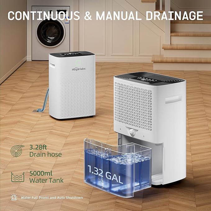 100 Pints Dehumidifier for Basement Home, Smart Silent Dehumidifier with Drain Hose, 1.32 Gal Water Tank, Intelligent Humidity Control, 24H Timer, for Large Room Bathroom Bedroom