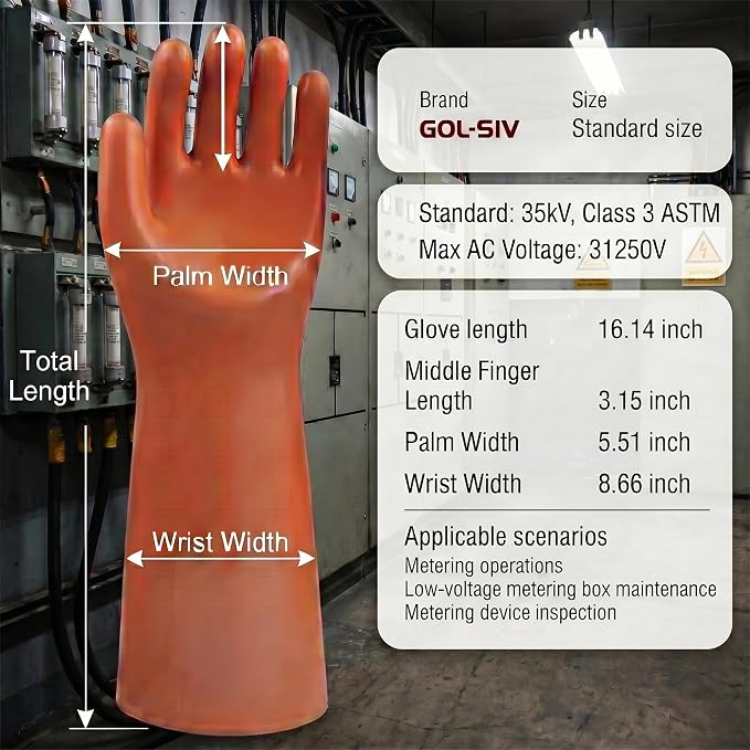 Class 3 Insulated Gloves, ASTM D120, 26500V, 1 Pair, Yellow | High voltage dielectric rubber gloves for linemen & electricians. Electrical safety PPE, arc flash protection.