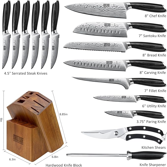 HOSHANHO 16-Piece Knife Set with Block, Ultra Sharp Kitchen Knife Block Set | High Carbon Powder Steel Chef Knife Set, Professional Kitchen Knives Set with Sharpener and Pakkawood Handle, Elegant Box