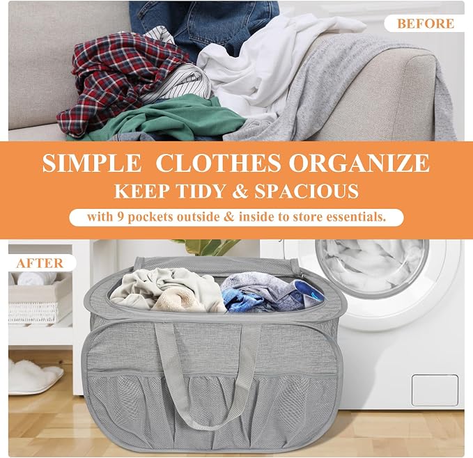 2 Pack Collapsible Laundry Baskets with Lid, Foldable Laundry Basket with Pockets, Pop Up Hamper with Dual Handles, 99L Sturdy Hampers for Clothes, Groceries, Supplies, Tools, Grey