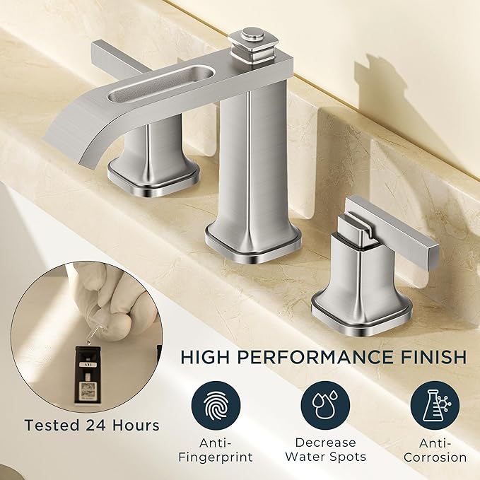 FORIOUS Brushed Nikcel Bathroom Faucet, 8 Inch Widespread Bathroom Vanity Faucets 3 Hole with Metal Pop Up Drain, Unique Waterfall Design