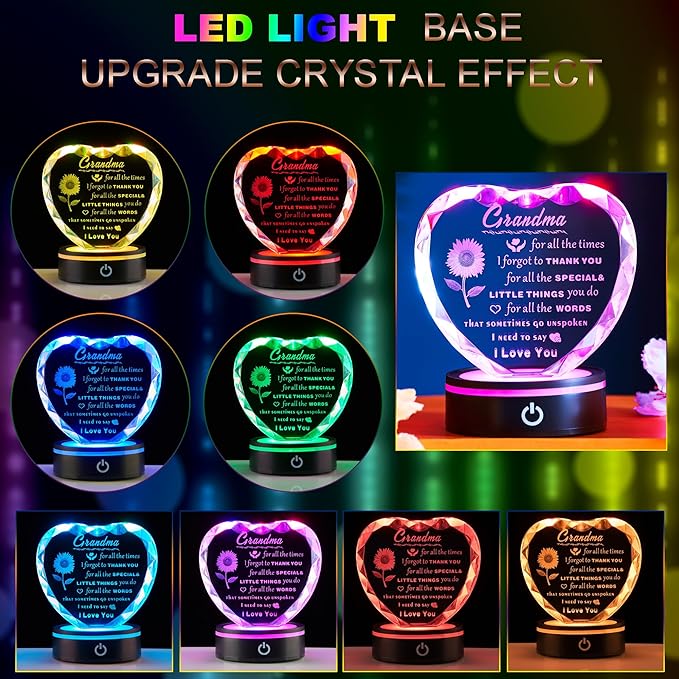 Gifts for Grandma with Colorful LED Base, Meaningful Heart Crystal Grandma Birthday Gifts, Great Gift Ideas for Grandmother on Mothers Day Thanksgiving from Granddaughter or Grandson