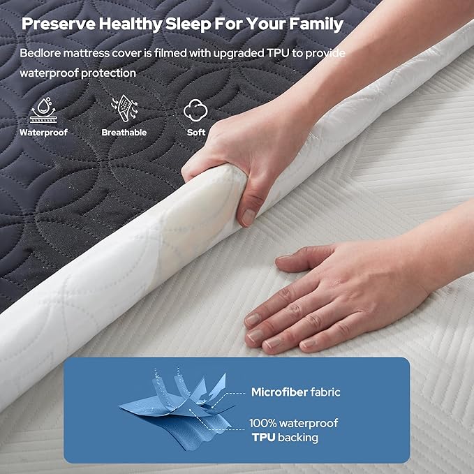 BEDLORE Waterproof Mattress Protector, Twin XL Size Mattress Pad with Deep Pocket 6"-15" Depth, Soft Dirt-Proof Double Bed Mattress Cover for Bedroom, College Dorm, Hotel (Navy Blue)