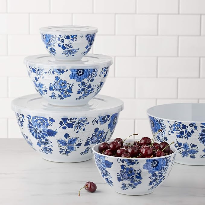 Amazon Basics Mixing Bowls with Lids, Nesting Melamine Serving Bowls, Non-Slip Base, BPA Free, Dishwasher Safe, 5 Sizes, Blue and White Floral, Set of 10