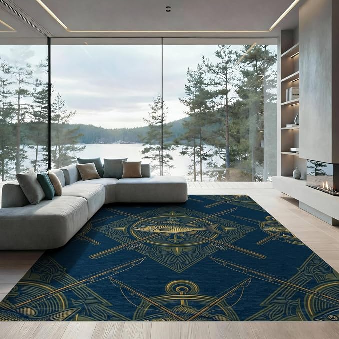 8'x10' Washable Area Rug Bass Nautical Wildlife Icons Lure Tackle Motif Border Fish Fishing Refined Foldable Easy Care for King Size Bedroom, Master Suite, Under Bed