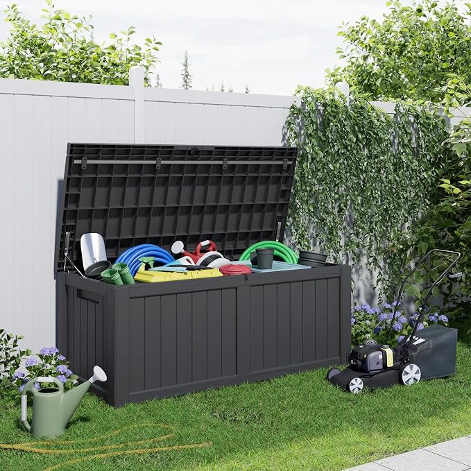 DRATO 150 Gallon Deck Boxes Outdoor Waterproof, Lockable Outdoor Storage Box for Patio Furniture Pool Supplies Garden Tools, Weatherproof Resin Storage Box for Backyard (Black, 150 Gallon)