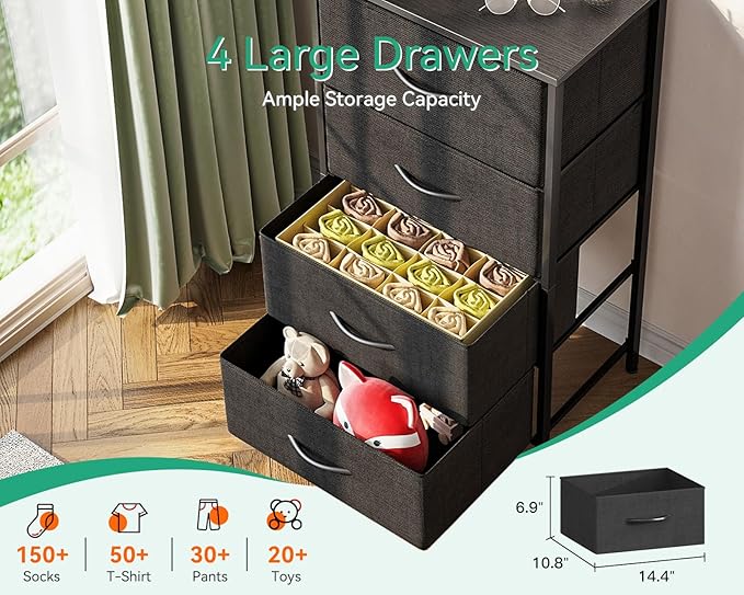 AODK Small Dresser for Bedroom with 4 Storage Drawers, Black | Dressers Chest of Drawers Fabric Dresser with Sturdy Steel Frame, Dressers for Closet with Wood Top