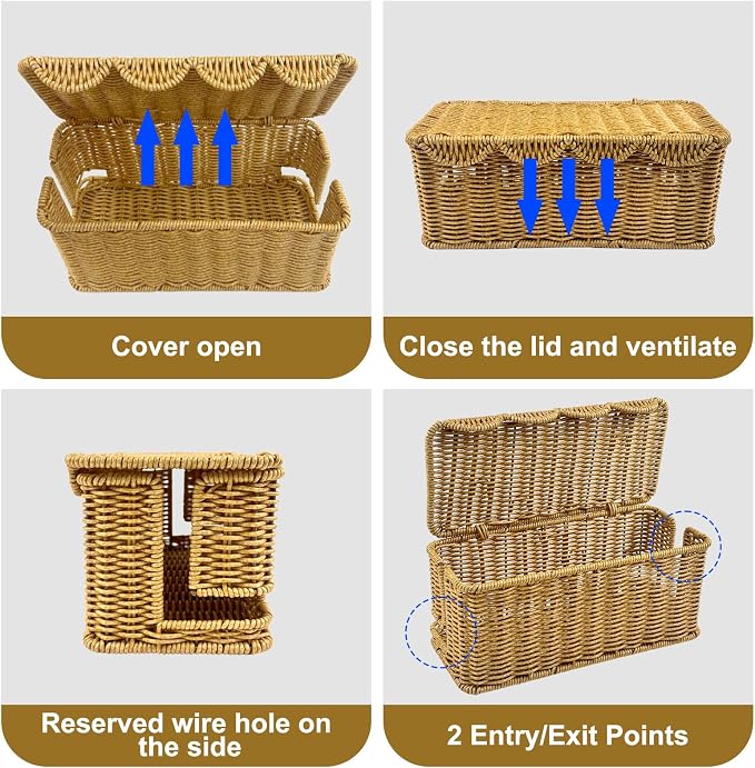 Scalloped Edge Handmade Cable Management Box, Elegant Plastic Rattan Cable Organizer, 2 Open Slots Sturdy Cord Hider Box, Under Desk Cord Organizer for Home TV Wires Computer Router USB Hub Strip (1)
