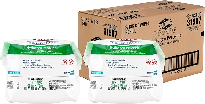 Clorox Healthcare Hydrogen Peroxide Cleaner Disinfectant Wipes, 12" x 11", Refill for Bucket, 185 Count, Pack of 2 (Package May Vary)