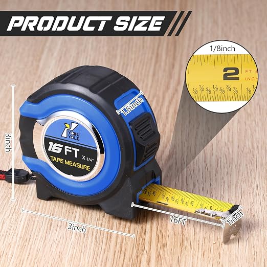 Youyole 10 Pack Tape Measure with Fractions 1/8 Steel Measuring Tape Retractable Easy Read Measurement Ruler Steel Power Blade (16 ft X 3/4 in,Blue)