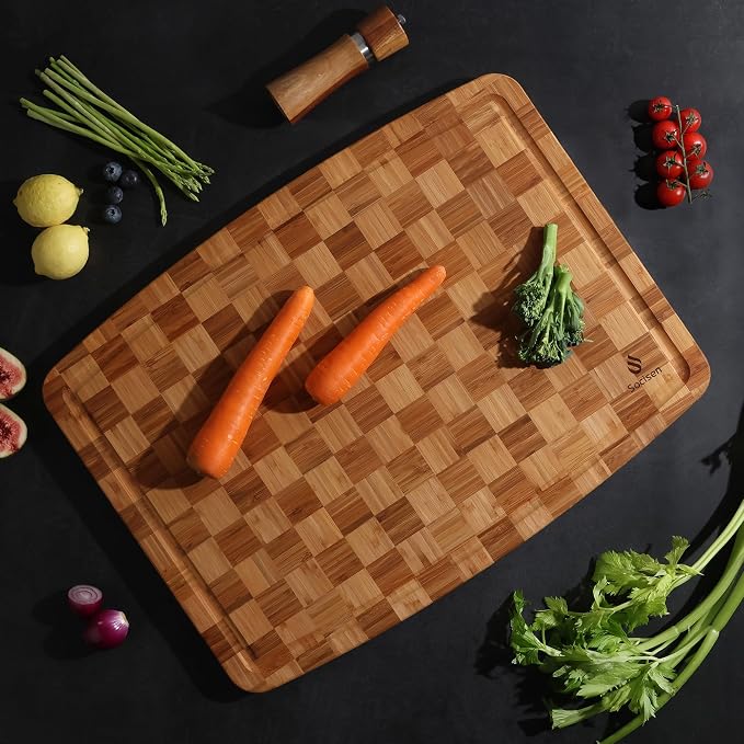 Extra Large Bamboo Wooden Cutting Board Wood Cutting Boards for Kitchen | Heavy Duty, End Grain, Non Toxic, Non Slip, Cutting Board Set, Solid Thick, Juice Groove, Butcher Block, Best Kitchen Gift