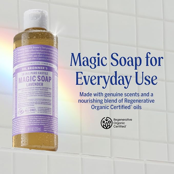 Dr. Bronner's Pure-Castile Magic Liquid Soap (Lavender, 8 Ounce) – Made with Regenerative Organic Certified Oils – For Face, Body Wash, Baby Soap & Sensitive Skin – Concentrated, Vegan, Non-GMO