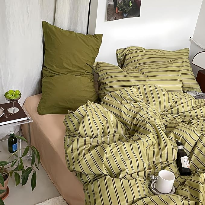 mixinni Vintage Stripes Duvet Cover Set Twin - 3-Piece Mid-Century Cotton Olive & Taupe Striped Bedding, Soft Breathable All-Season Comforter Cover with Zipper Closure & Corner Ties-Twin Size