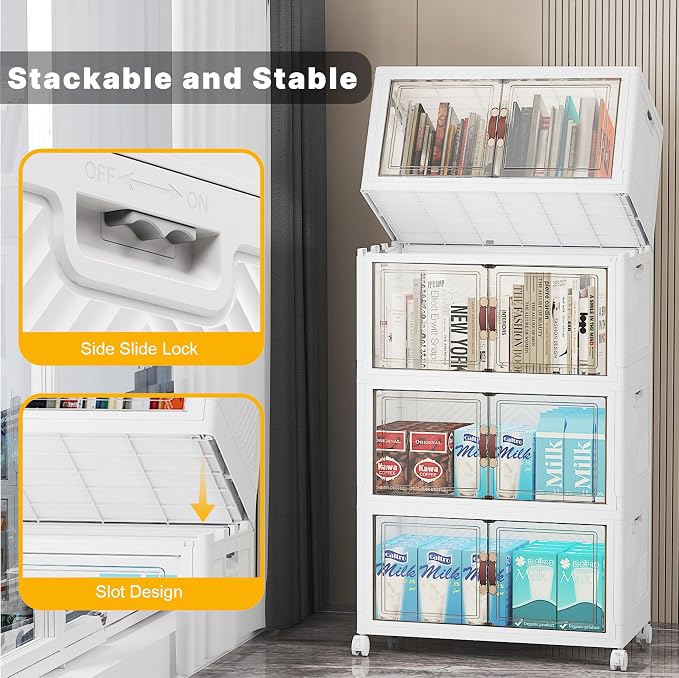 Stackable Storage Bins, 416QT Collapsible Drawers with 2 Lids | Large Capacity, Magnetic Door, Stack Lock, Rolling Wheels, Foldable Design, Organizers and Storage for Bedroom Dorm Garage