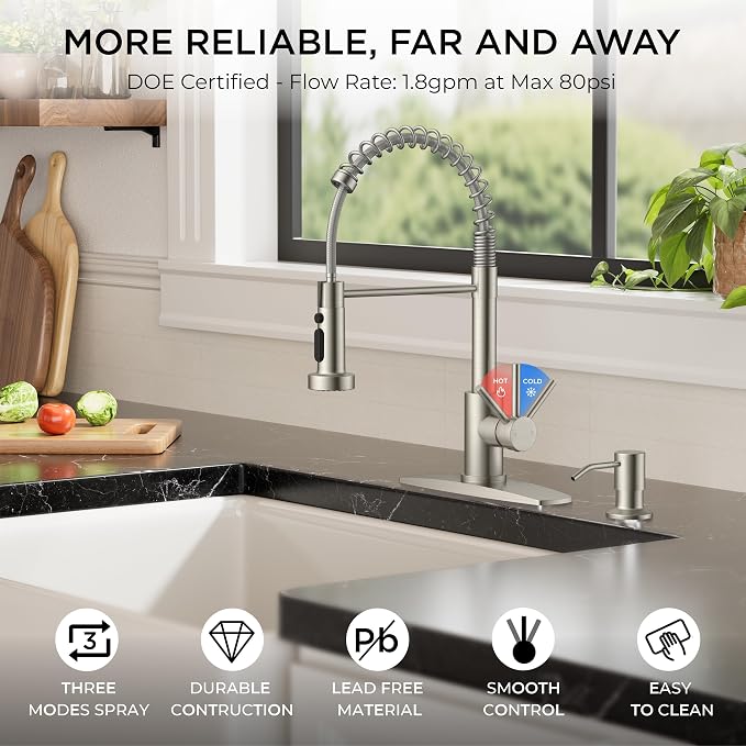 FORIOUS Kitchen Faucet with Soap Dispenser, Stainless Steel, Brushed Nickel | Single Handle Stainless Steel Kitchen Faucet with 3 Modes Sprayer, Commercial Spring Faucet for Kitchen Sink, Laundry Rv Bar