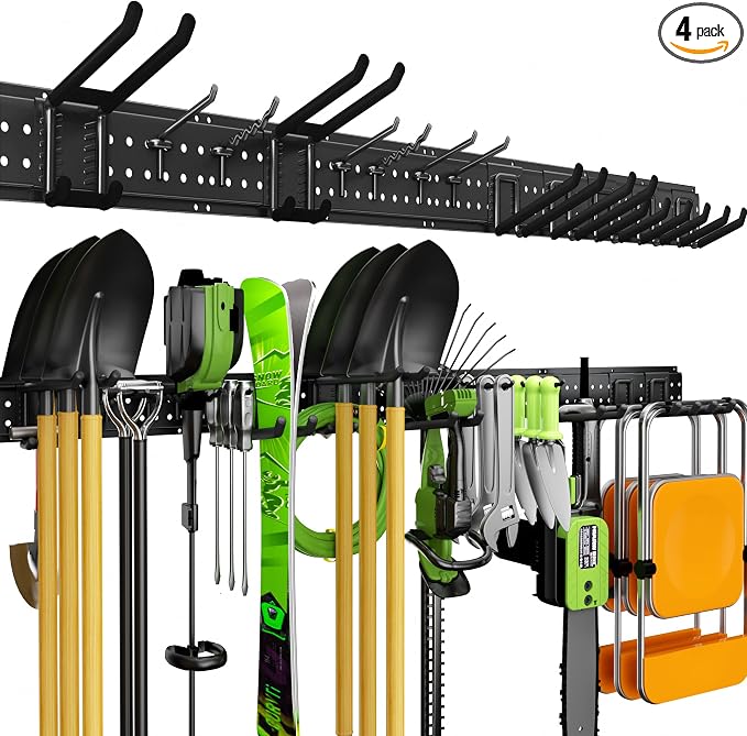 Garage Tool Organizer Wall Mount, 66 Inch Heavy Duty Garage Organization System with 13 Adjustable Hooks, Garden Tool Storage Rack for Garage, Yard & Shed, Holds Up to 520 lbs
