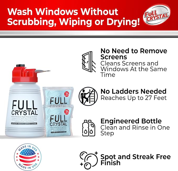 Full Crystal Window Cleaning Kit – 8 oz Glass Cleaner and Bottle with 27 ft Reach, Each 4 oz Bag Makes Up to 640 fl oz, Cleans Up to 40 Windows, Scrub-Free, Rinse-Free